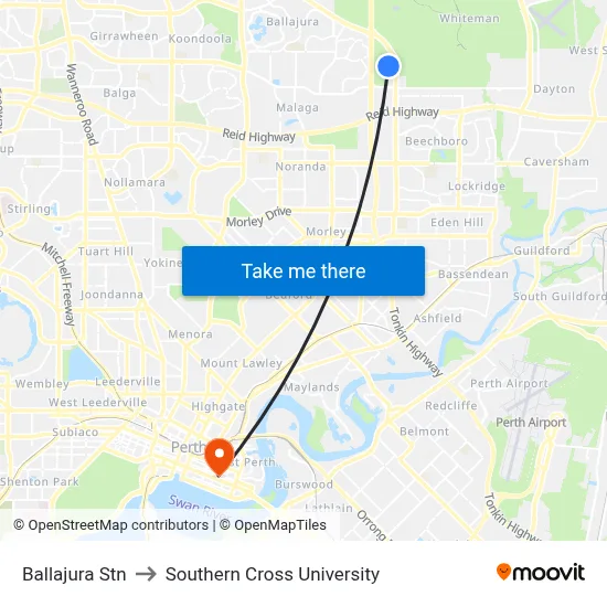 Ballajura Stn to Southern Cross University map