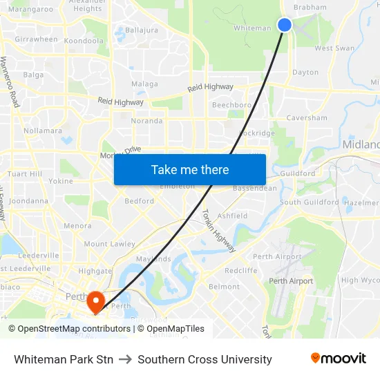 Whiteman Park Stn to Southern Cross University map