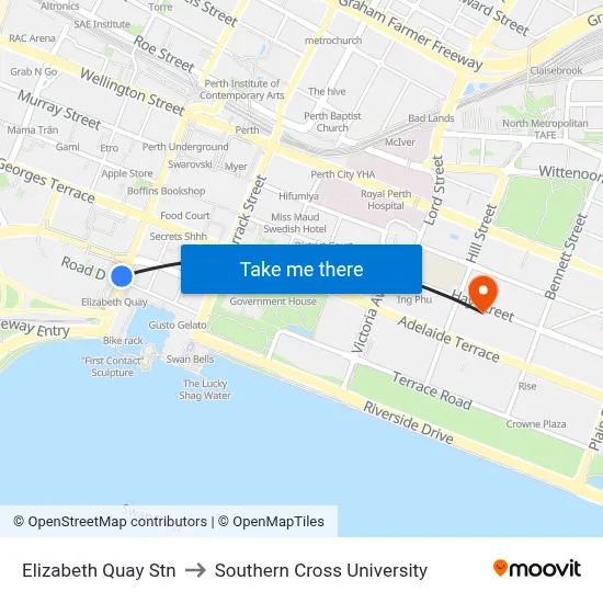 Elizabeth Quay Stn to Southern Cross University map
