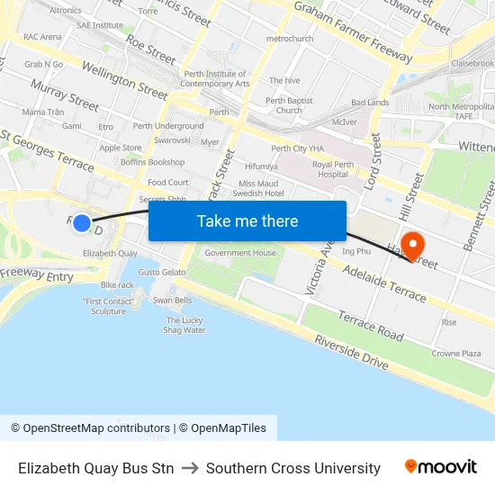 Elizabeth Quay Bus Stn to Southern Cross University map