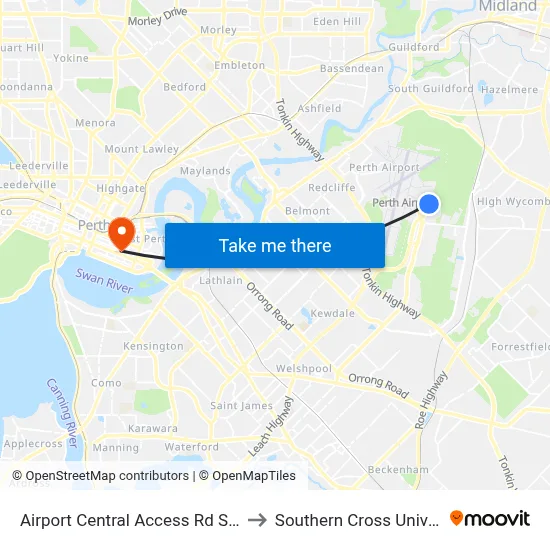 Airport Central Access Rd Stand 2 to Southern Cross University map