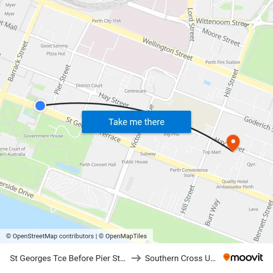 St Georges Tce Before Pier St Eastbound to Southern Cross University map