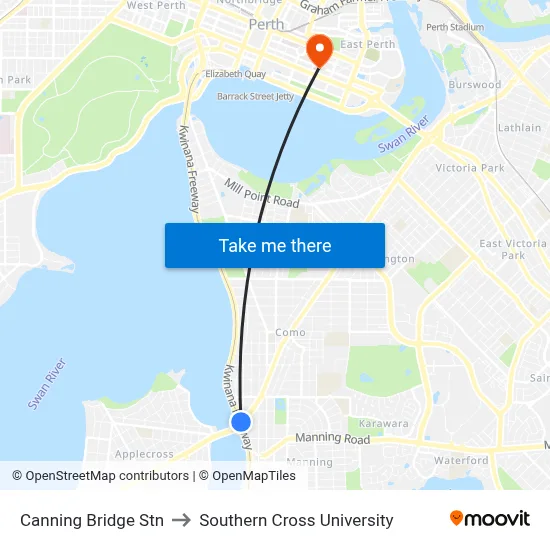 Canning Bridge Stn to Southern Cross University map