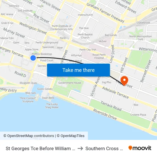 St Georges Tce Before William St Eastbound to Southern Cross University map