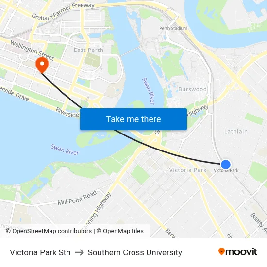 Victoria Park Stn to Southern Cross University map