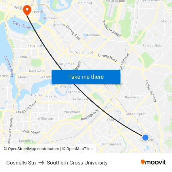 Gosnells Stn to Southern Cross University map