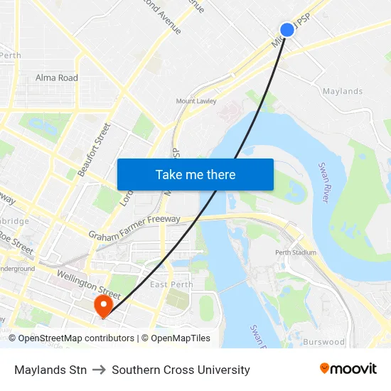 Maylands Stn to Southern Cross University map