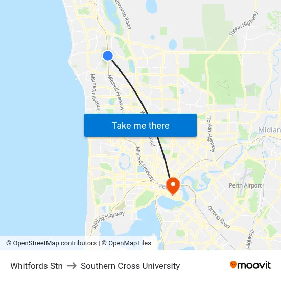 Whitfords Stn to Southern Cross University map