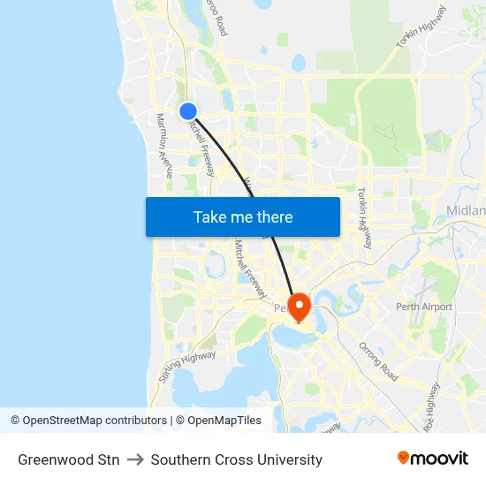 Greenwood Stn to Southern Cross University map