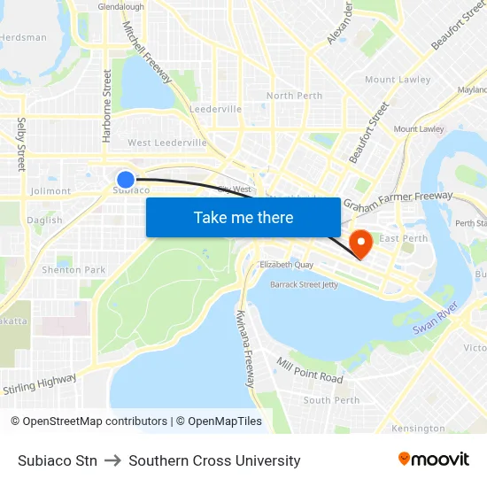 Subiaco Stn to Southern Cross University map