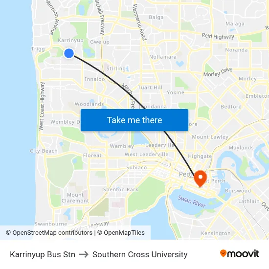 Karrinyup Bus Stn to Southern Cross University map