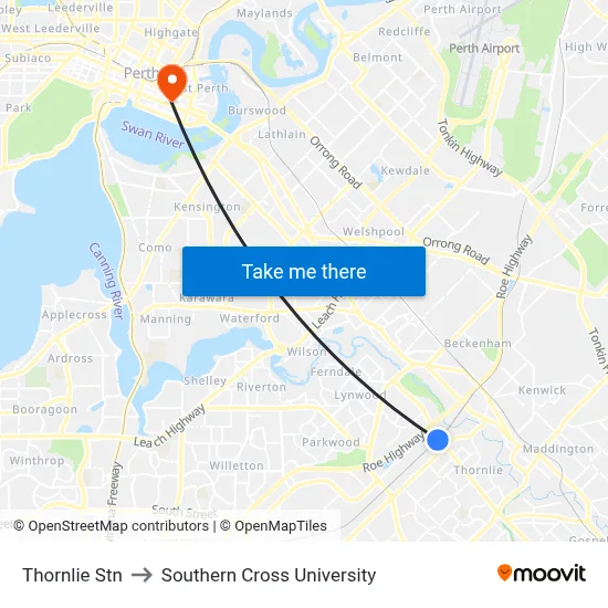 Thornlie Stn to Southern Cross University map