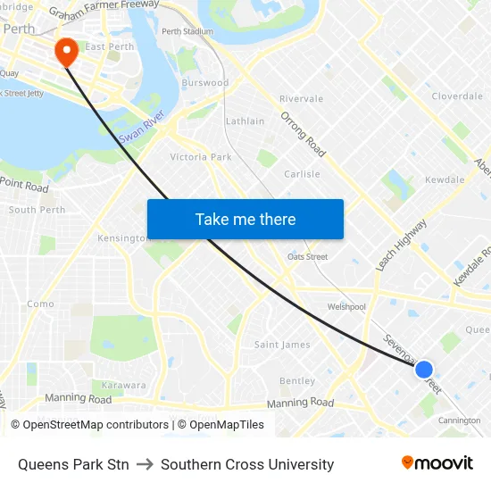 Queens Park Stn to Southern Cross University map