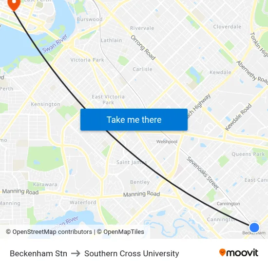 Beckenham Stn to Southern Cross University map