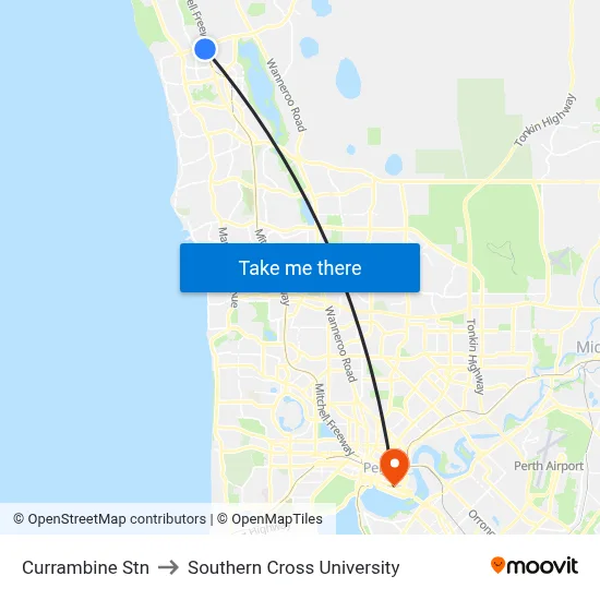 Currambine Stn to Southern Cross University map