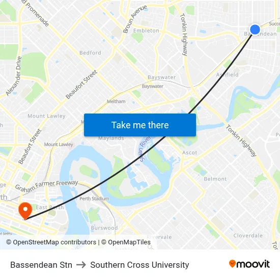 Bassendean Stn to Southern Cross University map