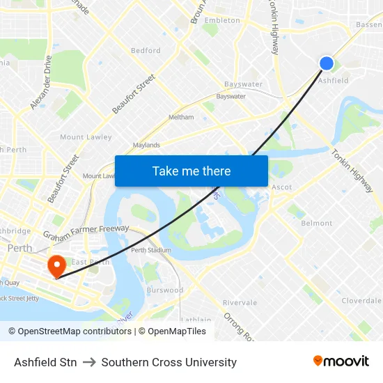 Ashfield Stn to Southern Cross University map