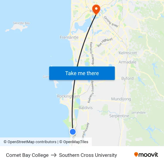 Comet Bay College to Southern Cross University map