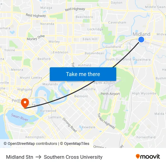 Midland Stn to Southern Cross University map