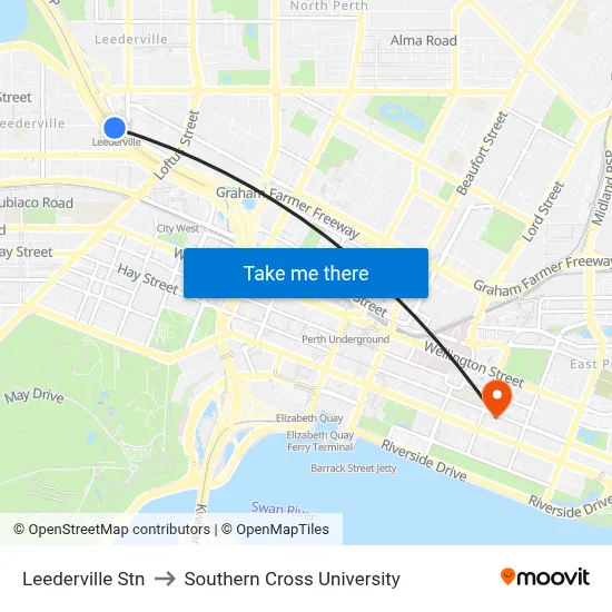 Leederville Stn to Southern Cross University map