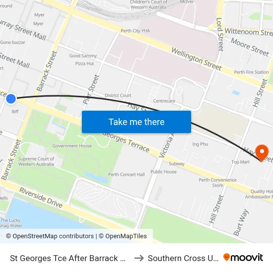 St Georges Tce After Barrack St Westbound to Southern Cross University map