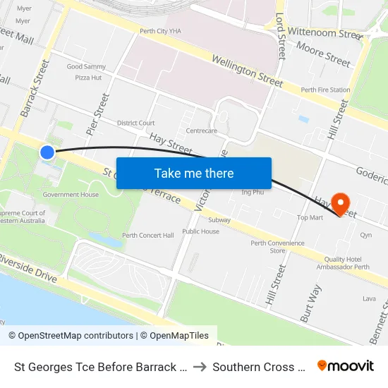 St Georges Tce Before Barrack St Westbound to Southern Cross University map