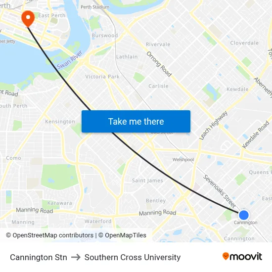 Cannington Stn to Southern Cross University map