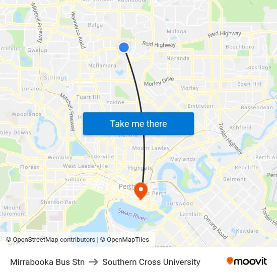 Mirrabooka Bus Stn to Southern Cross University map