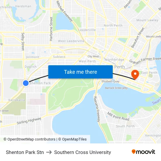 Shenton Park Stn to Southern Cross University map