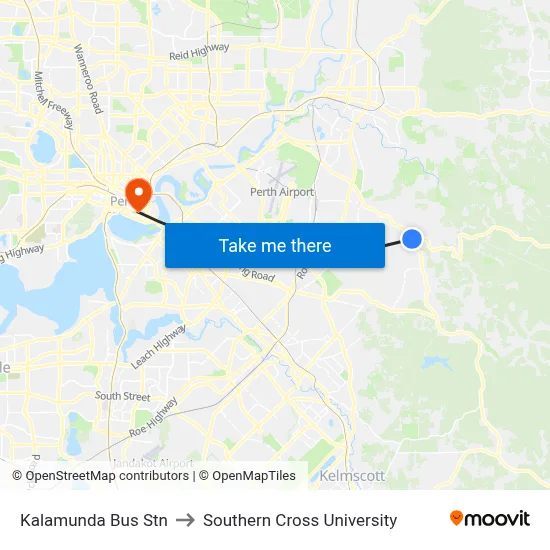 Kalamunda Bus Stn to Southern Cross University map