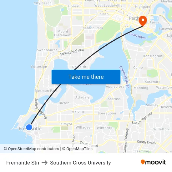 Fremantle Stn to Southern Cross University map