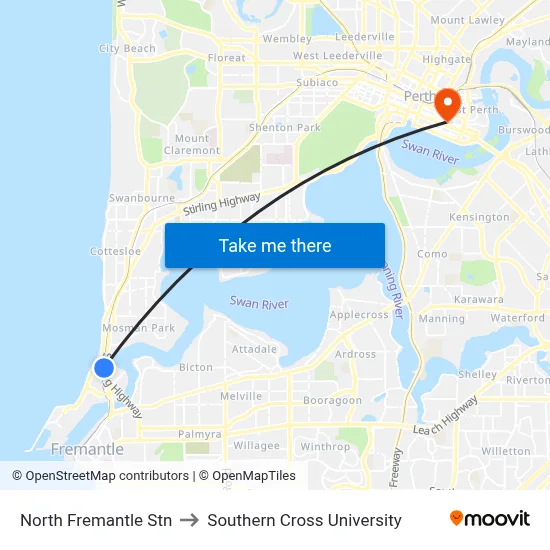North Fremantle Stn to Southern Cross University map