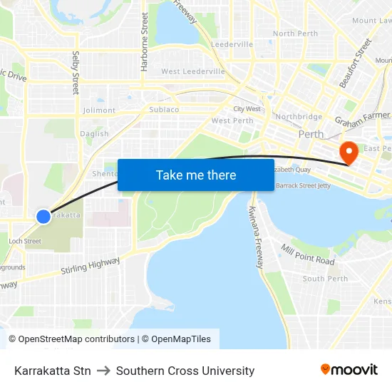 Karrakatta Stn to Southern Cross University map