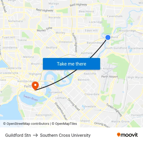Guildford Stn to Southern Cross University map