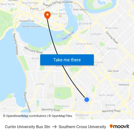 Curtin University Bus Stn to Southern Cross University map
