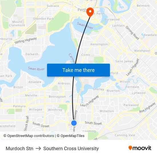 Murdoch Stn to Southern Cross University map