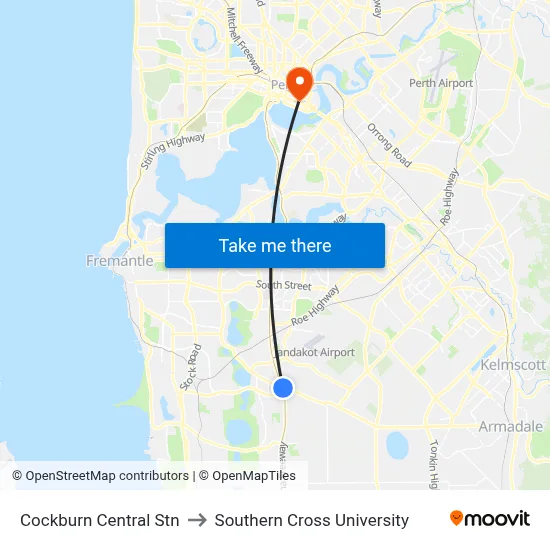 Cockburn Central Stn to Southern Cross University map