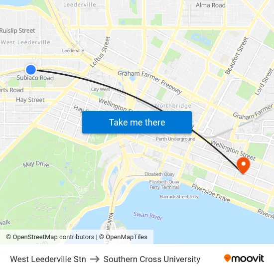 West Leederville Stn to Southern Cross University map