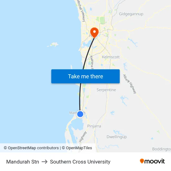 Mandurah Stn to Southern Cross University map