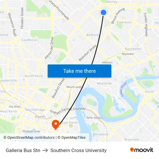 Galleria Bus Stn to Southern Cross University map