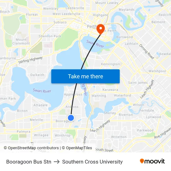 Booragoon Bus Stn to Southern Cross University map