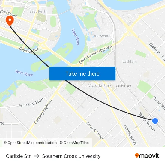 Carlisle Stn to Southern Cross University map