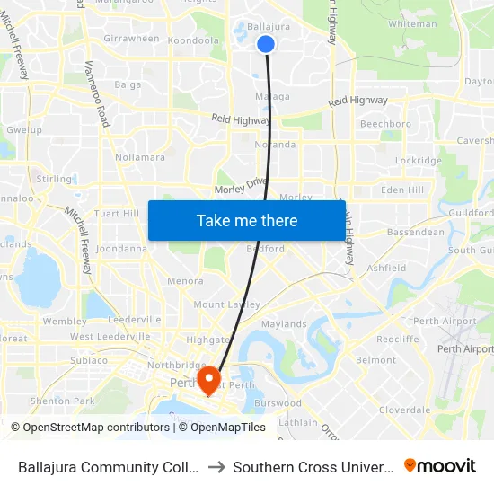 Ballajura Community College to Southern Cross University map