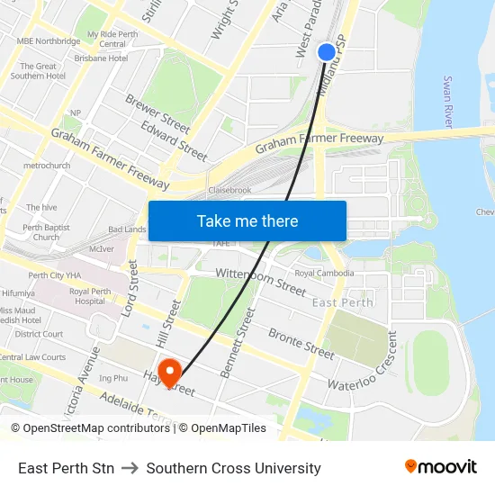 East Perth Stn to Southern Cross University map