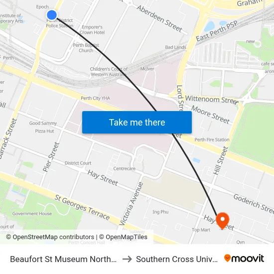 Beaufort St Museum Northbound to Southern Cross University map