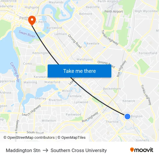 Maddington Stn to Southern Cross University map