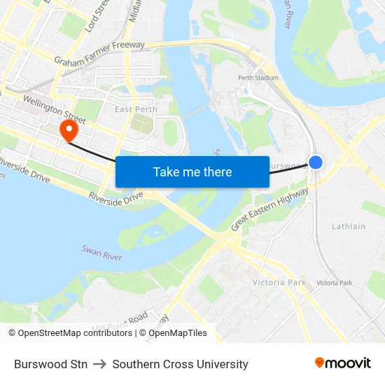 Burswood Stn to Southern Cross University map