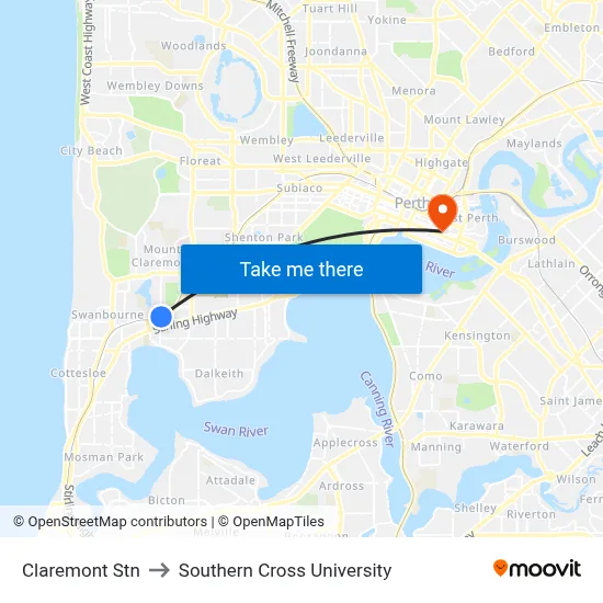 Claremont Stn to Southern Cross University map