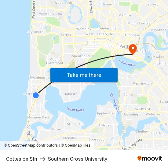 Cottesloe Stn to Southern Cross University map