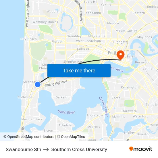 Swanbourne Stn to Southern Cross University map